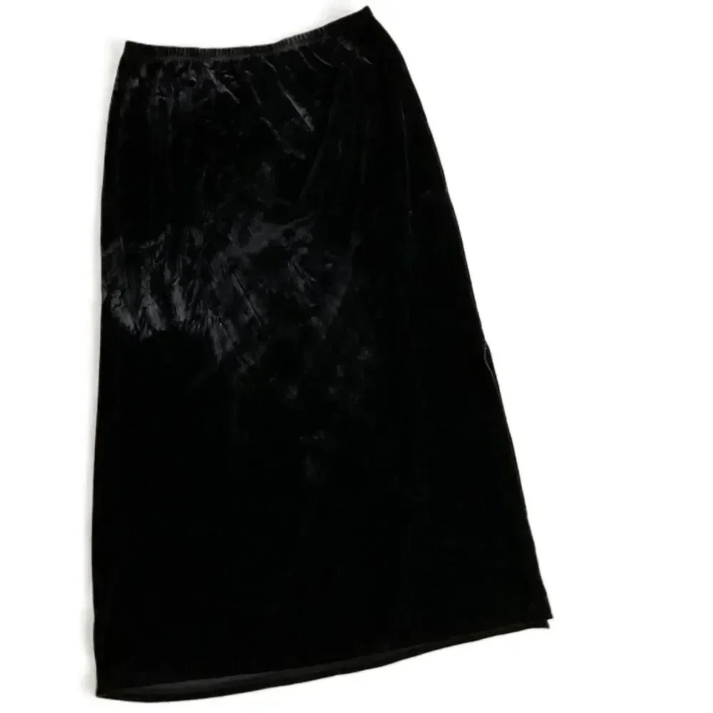 Theo Womens Long Black Velour Side Slit Vintage Skirt Small